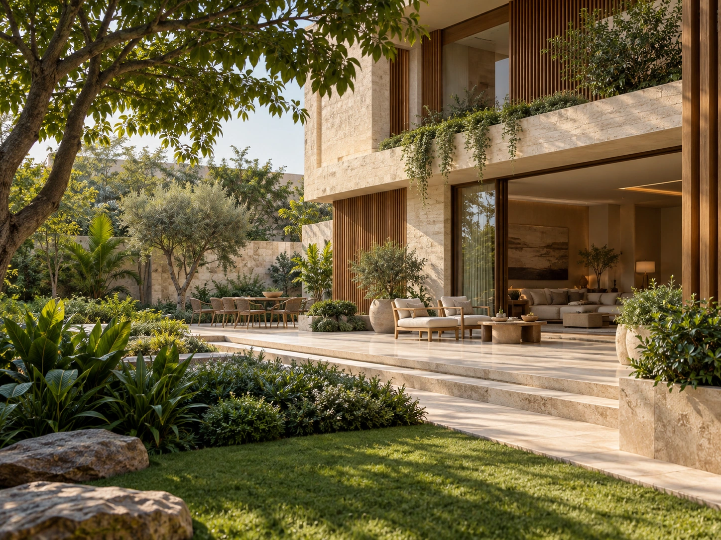 Illustrative home and private landscaped garden in soft morning daylight