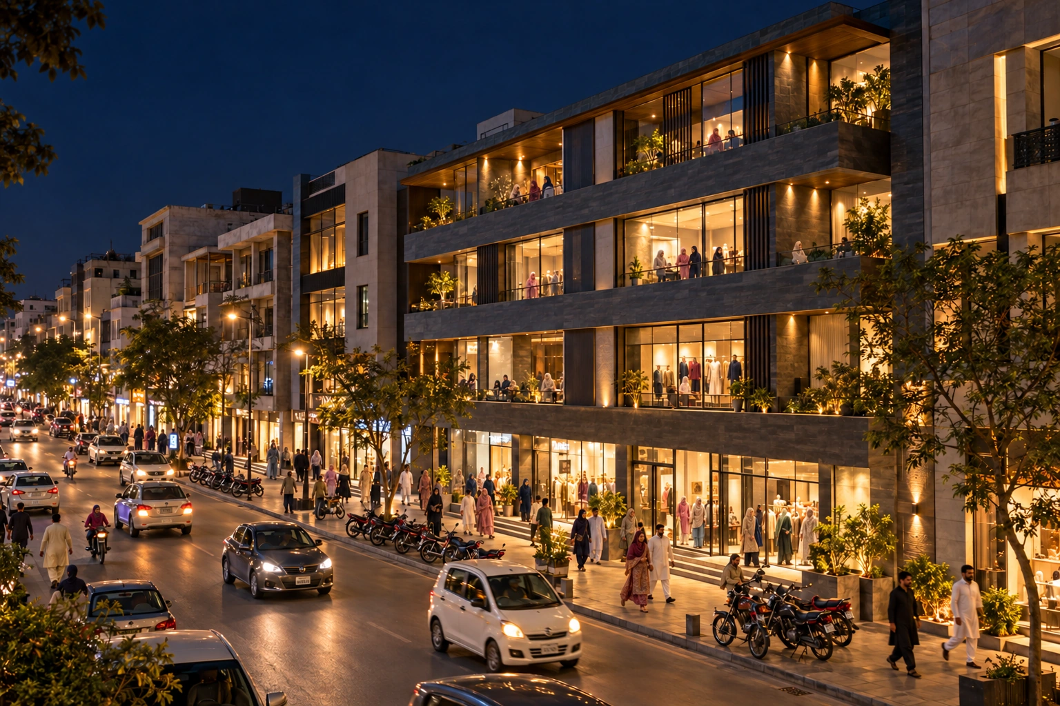 Illustrative Pakistani commercial avenue at night with contemporary stone and glass buildings, local shoppers and everyday traffic