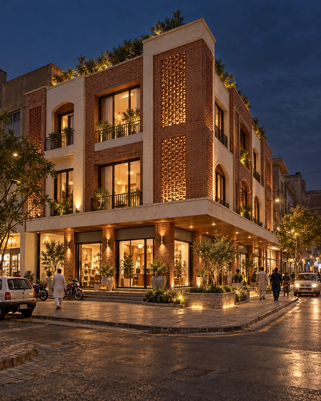 Illustrative night-time Pakistani streetscape with brick architecture, local vehicles and pedestrians