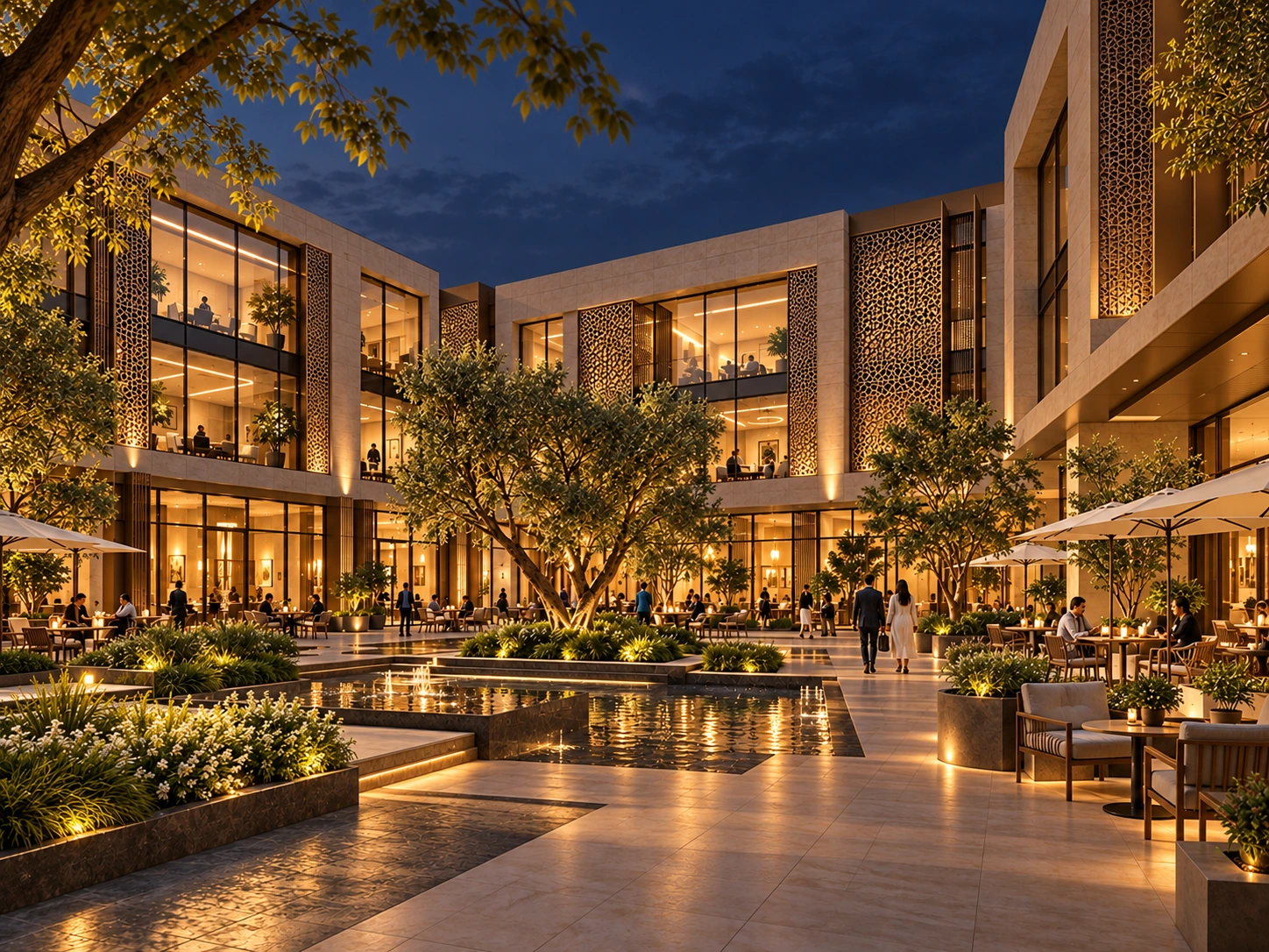 Illustrative night-time concept rendering of a commercial hub around a landscaped public courtyard