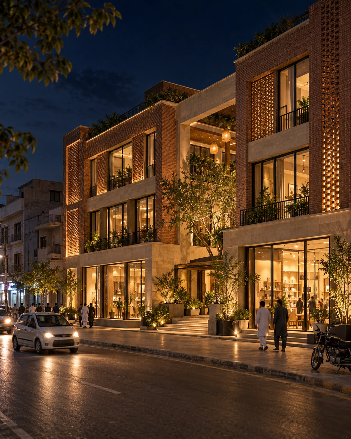 Illustrative night-time commercial development concept in a Pakistani urban setting, with brick jaali screens and warm storefront lighting