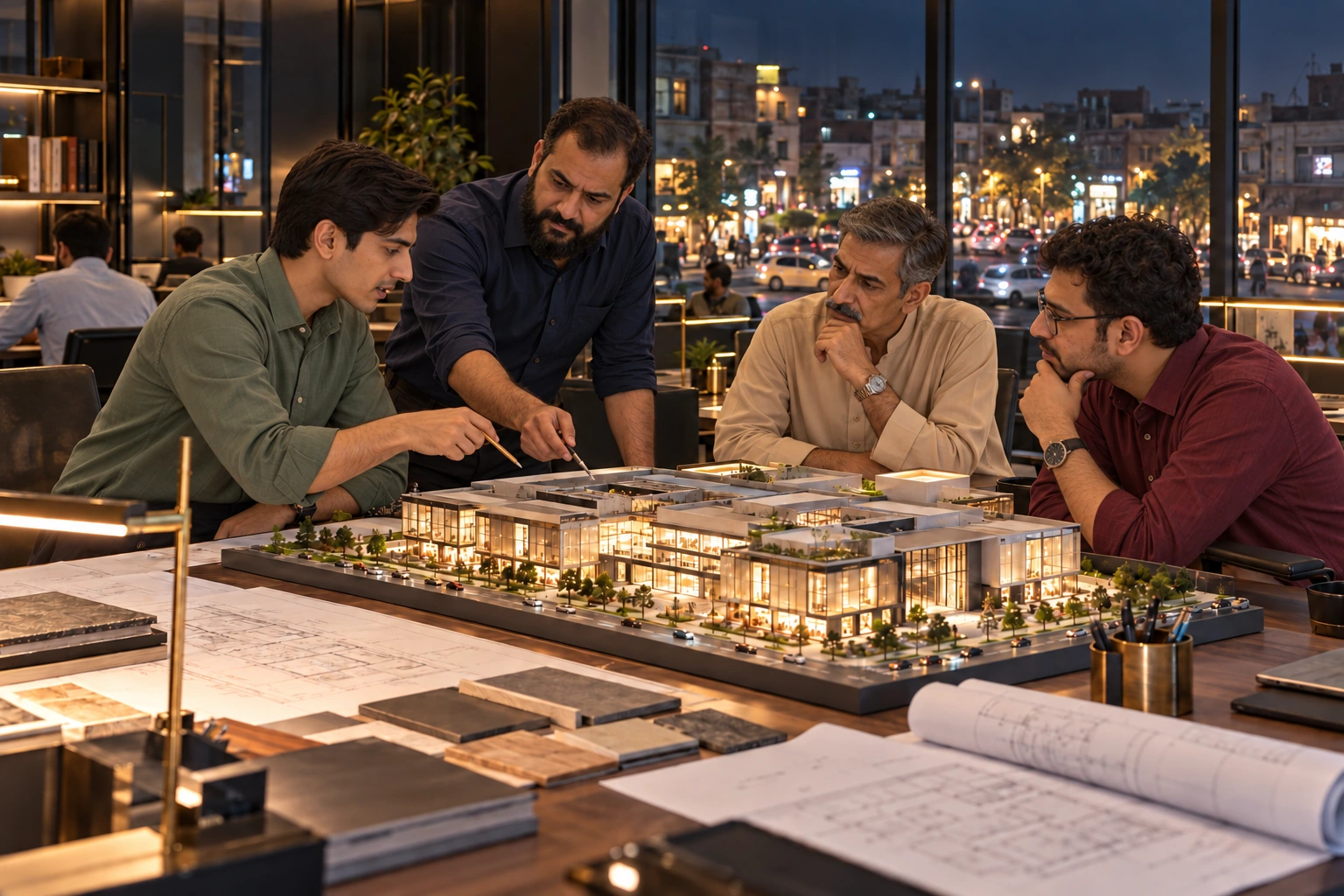 Illustrative Pakistani male development professionals collaborating around an architectural model in a studio at night