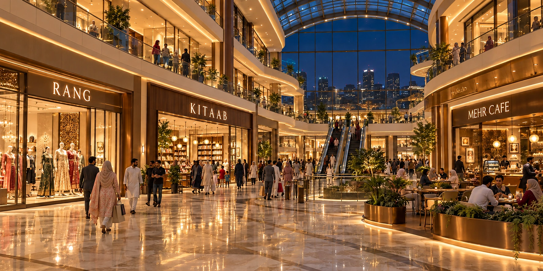 Illustrative night-time Pakistani mall interior with multiple shopping levels, escalators, retail storefronts and local shoppers