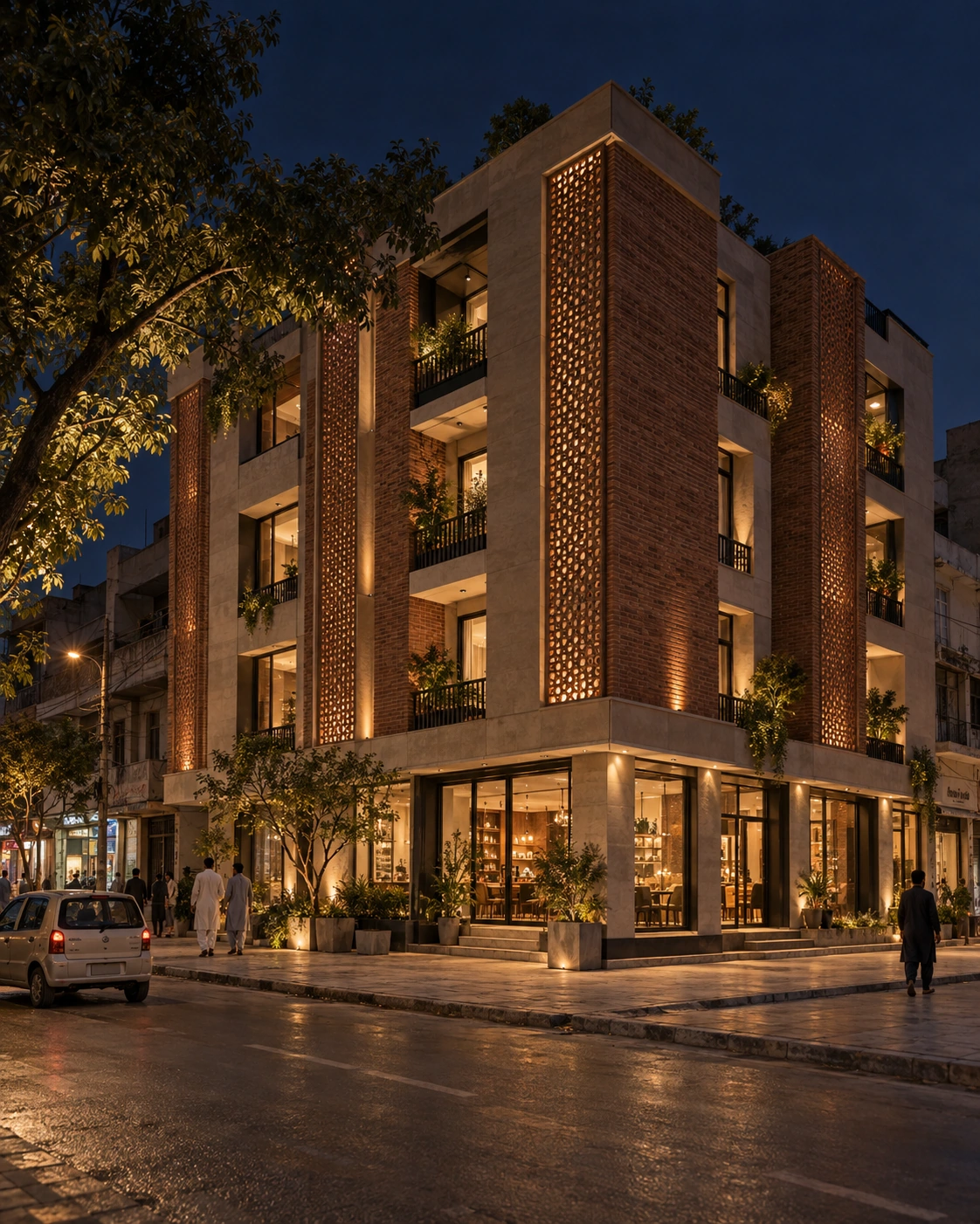 Illustrative night-time Pakistani urban setting with a contemporary brick and stone building, local pedestrians and warm architectural lighting
