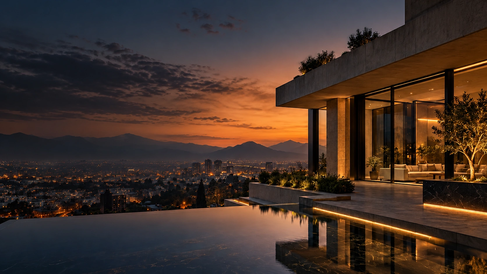 Conceptual modern architecture at dusk overlooking a city in Pakistan