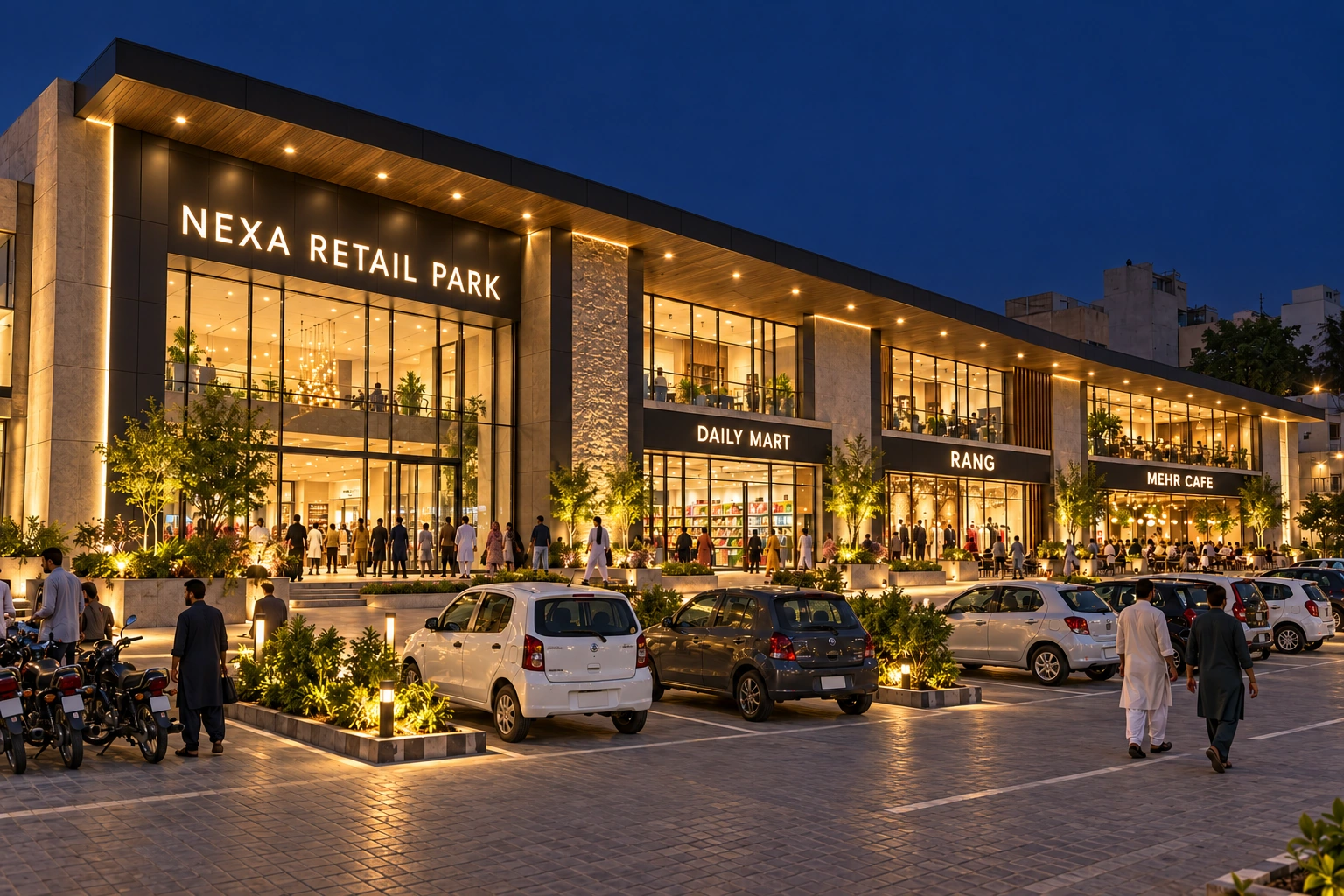 Illustrative night-time Pakistani shopping centre with a large anchor store, individual shopfronts, a sheltered promenade and a parking area