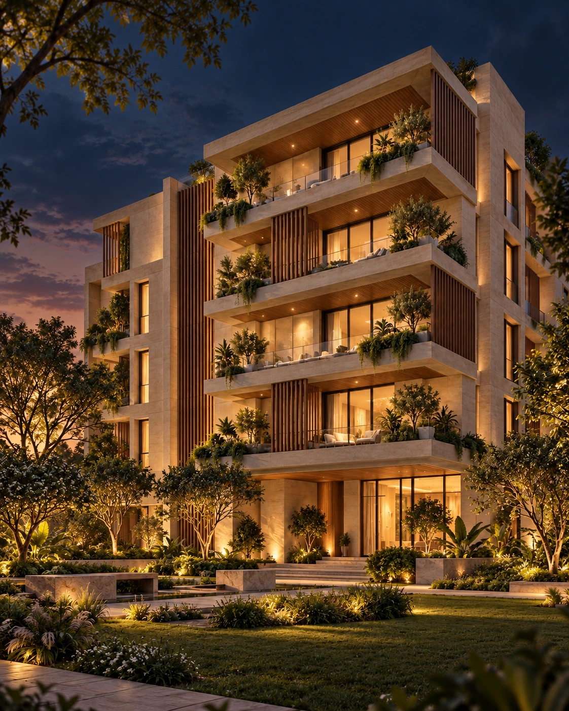 Illustrative night-time concept rendering of garden residences with planted balconies and landscaped grounds