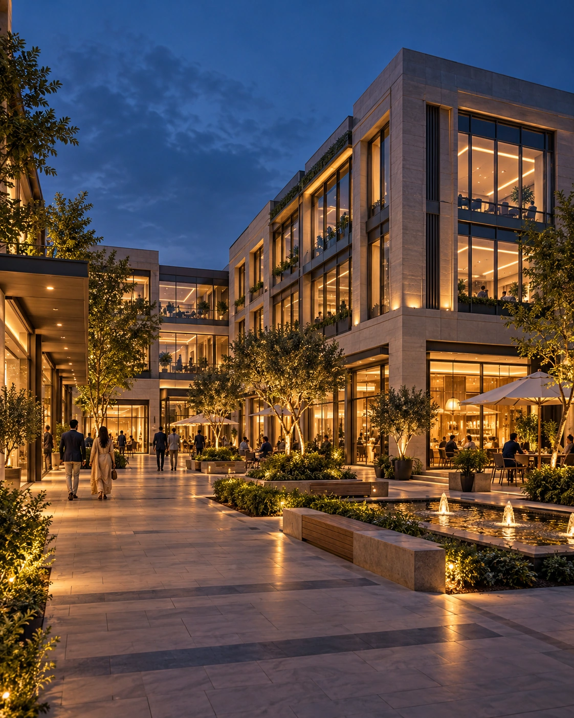 Illustrative commercial destination with retail frontages and a landscaped public courtyard