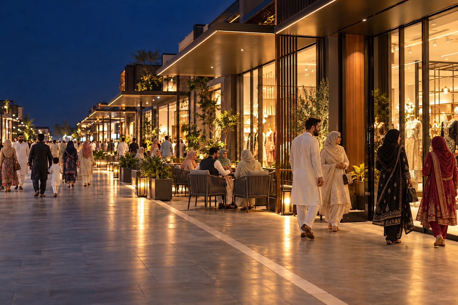 Illustrative evening shopping promenade in Pakistan with illuminated retail pavilions, cafe seating and Pakistani families