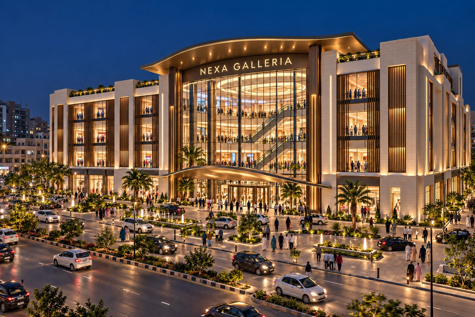 Illustrative night-time enclosed shopping mall in a Pakistani urban setting, with a glazed atrium, multiple retail levels and a prominent entrance