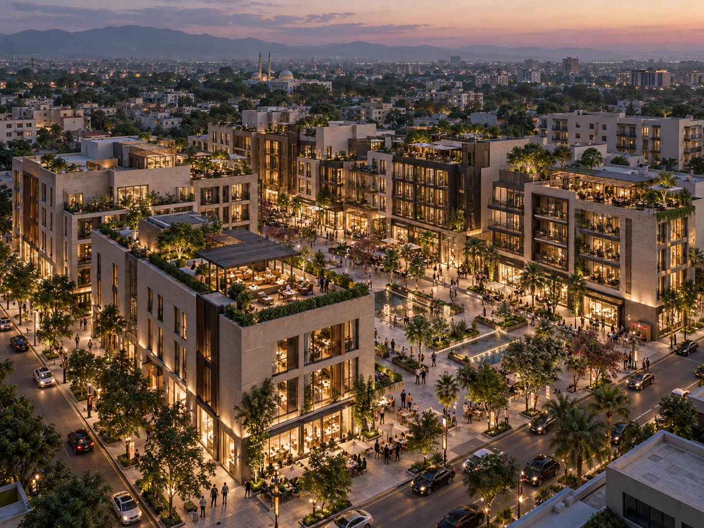 Illustrative aerial view of a mixed-use neighbourhood with a central pedestrian plaza