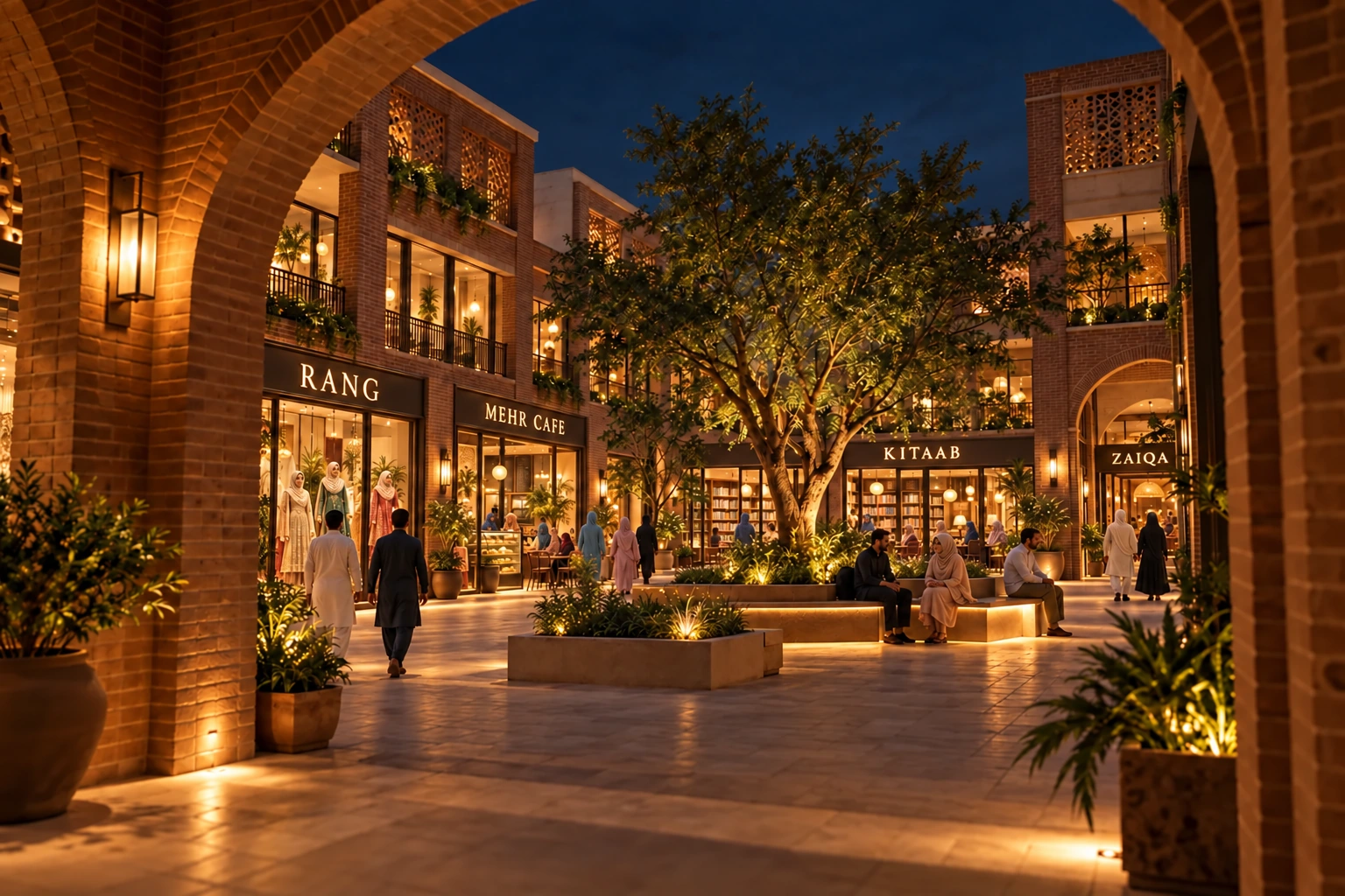 Illustrative night-time Pakistani shopping courtyard with named boutique, cafe, bookshop and dining storefronts